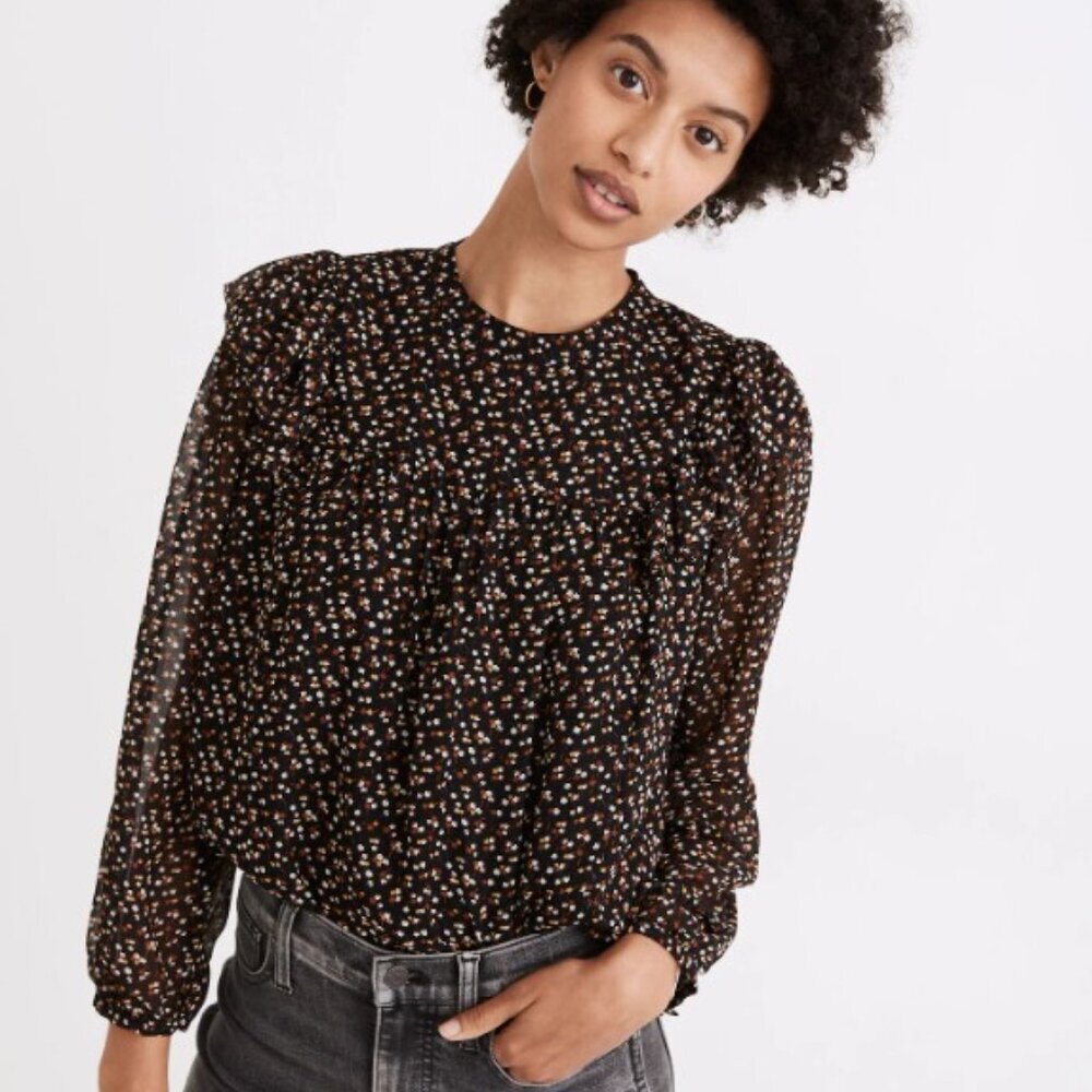 Madewell Black Ditsy Floral Georgette Mockneck Ruffle-Yoke Blouse - Size XXL